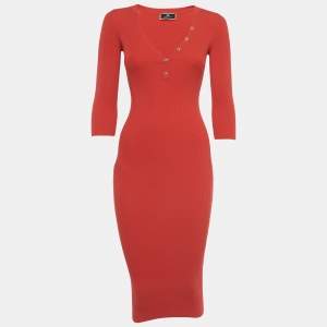 Elisabetta Franchi Red Ribbed Knit Midi Dress S