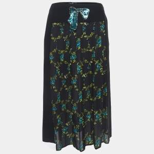 Elisabetta Franchi Black Floral Print Crepe Pleated Semi Sheer Midi Skirt S
