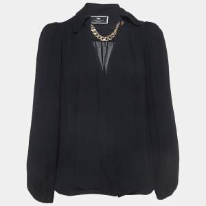 Elisabetta Franchi Black Crepe Chain Detail Long Sleeve Blouse S