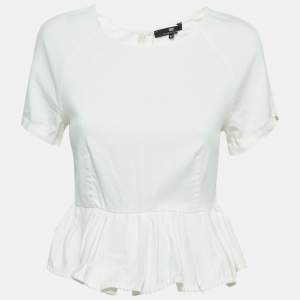 Elisabetta Franchi White Denim Gathered Short Sleeve Blouse M