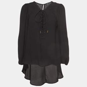 Elisabetta Franchi Black Crepe Lace-Up Neck Camicia Blouse L