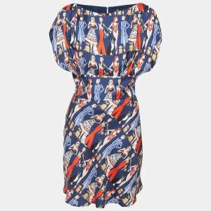 Elisabetta Franchi Navy Blue Printed Silk Mini Dress M