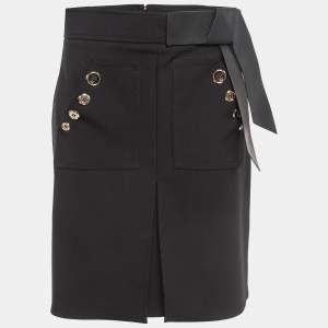 Elisabetta Franchi Black Leather Trim Stretch Crepe Button Detail Mini Skirt L