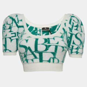Elisabetta Franchi Green/White Lettering Fur Knit Balloon Sleeve Crop Top S