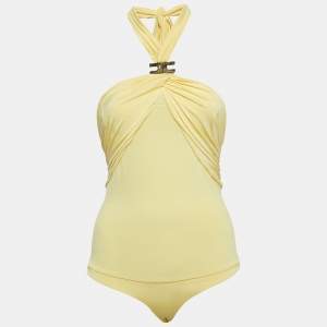 Elisabetta Franchi Yellow Metallic Logo Jersey Ruched Tie-Up Neck Bodysuit S