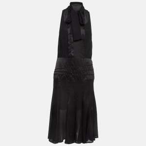 Elisabetta Franchi Black Satin Trim Chiffon Detachable Tie-Up Sleeveless Dress M