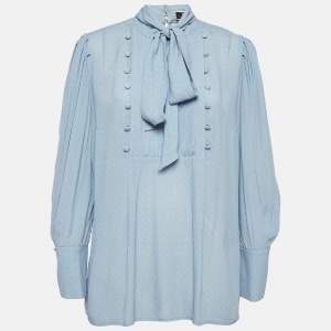 Elisabetta Franchi Blue Printed Crepe Tie Neck Blouse M