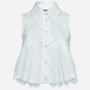 Elisabetta Franchi White Lace Trimmed Cotton Pleated Crop Shirt S   