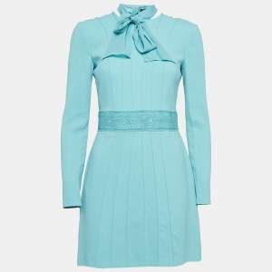 Elisabetta Franchi Blue Stretch Crepe Neck Tie Mini Dress M