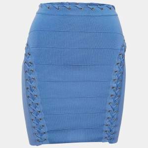 Elisabetta Franchi Blue Knit  Lace and Eyelets Detailed  Mini Skirt S