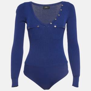 Elisabetta Franchi Bodysuit Blue Rib Knit Bodysuit M