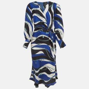 Elisabetta Franchi Blue Printed Detailed Buckle Midi Dress S