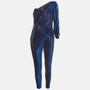Elisabetta Franchi Blue Lurex Knit One Shoulder Jumpsuit M