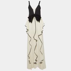 Elisabetta Franchi Cream Velvet Bow and Georgette Ruffled Maxi Dress M