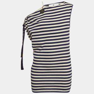Elisabetta Franchi Blue Marine Stripe Jersey Asymmetric Sleeve Top S
