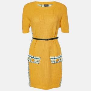 Elisabetta Franchi Yellow Houndstooth Knit Belted Dress S