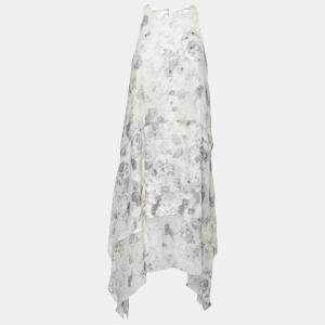 Elizabeth and James Pale Grey Floral Print Silk Embellished Handkerchief Hem Maylie Dress M