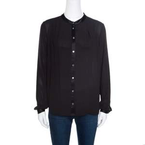 Elizabeth & James Black Crepe Satin Trim Detail Long Sleeve Blouse S