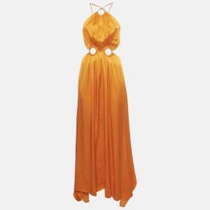 Pre Owned Elliatt Orange Satin Ring Detail Asymmetric Maxi Dress XXS