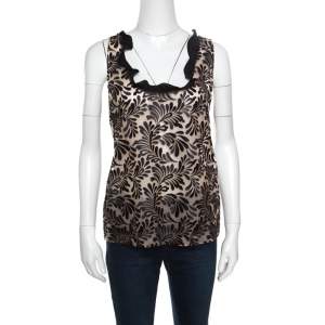 Emanuel Ungaro Black And Beige Foliage Embroidered Sleeveless Top L
