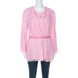 Emanuel Ungaro Pink Tweed Embellished Detail Top & Belted Jacket Set S