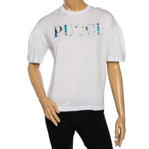 Emilio Pucci White Logo Printed Cotton Short Sleeve T-Shirt S