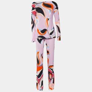 Emilio Pucci Pink Heliconia Print Silk Blouse & Trousers Set M