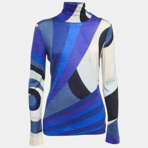 Emilio Pucci Blue Printed Wool High Neck Jumper L