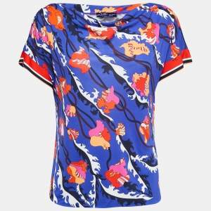 Emilio Pucci Archivio Blue Floral Print Jersey Short Sleeve Top M