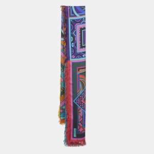 Pre Owned Emilio Pucci Multicolor Printed Silk Fringed Scarf