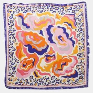 Pre Owned Emilio Pucci Blue Printed Silk Fringed Scarf