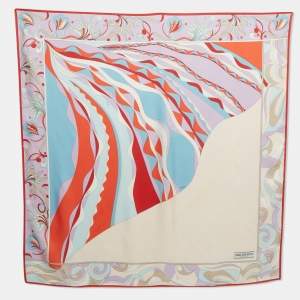 Pre Owned Emilio Pucci Orange/Blue Printed Silk Square Scarf