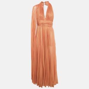 Emilio Pucci Metallic Orange Pleated Crepe V-Neck Gown S
