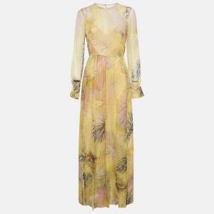 Emilio Pucci Yellow Feather Print Chiffon Slits Detail Maxi Dress M
