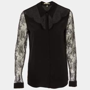 Emilio Pucci Black Silk Lace Trim Button Front Shirt M