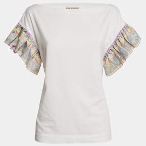 Emilio Pucci White Jersey Printed Silk Ruffled Sleeve T-Shirt M
