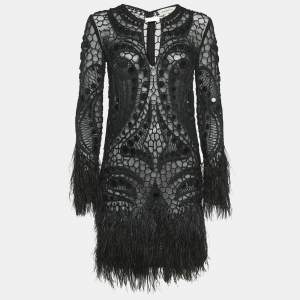 Emilio Pucci Black Embellished Mesh Feather Detail Mini Dress L
