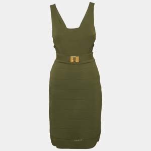 Emilio Pucci Olive Green Jersey Crochet Detail Sleeveless Short Dress M