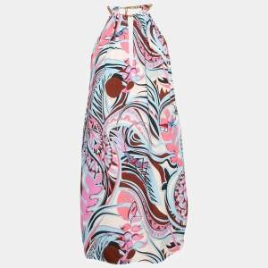  Emilio Pucci Pink/Blue Fluilio Print Crepe Chain Strap Mini Dress M 