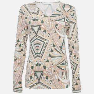 Emilio Pucci Multicolor Printed Jersey V-Neck Long Sleeve Top M