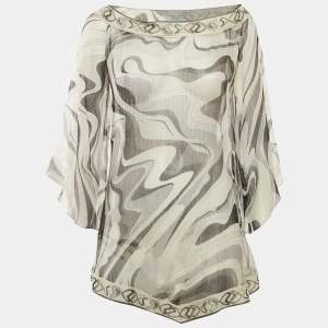 Emilio Pucci White/ Black Print Silk lurex Tunic Top S