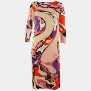 Pre Owned Emilio Pucci Pink Iride Print Jersey Midi Dress L