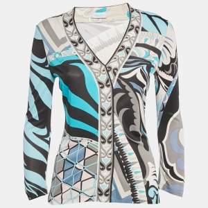 Pre Owned Emilio Pucci Multicolor Printed V Neck Jersey Blouse M 