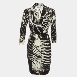 Pre Owned Emilio Pucci Monochrome Abstract Print Silk Belted Midi Dress M