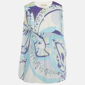 Pre Owned Emilio Pucci Blue Printed Cotton Blend Sleeveless Top S