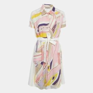 Pre Owned Emilio Pucci Multicolor Printed Cotton & Linen Frayed Mini Dress M