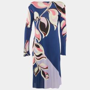 Pre Owned Emilio Pucci Blue Printed Jersey Midi Dress M