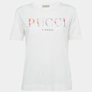 Pre Owned Emilio Pucci White Logo Applique Cotton T-Shirt L