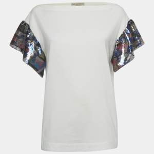 Pre Owned Emilio Pucci White Sequin Detail Cotton T-Shirt S