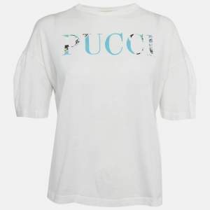 Pre Owned Emilio Pucci White Logo Print Cotton T-Shirt S